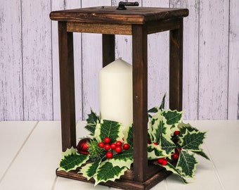 Christmas Centrepiece Lantern, Handmade Rustic Wooden Candle Lantern, Table decor, Farmhouse Style Garden Lantern, Barn