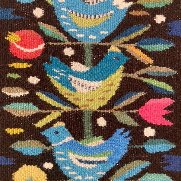 Vintage Scandinavian hand woven Flemish weave framed wall decor/ tapestry of five blue birds, 1970s
