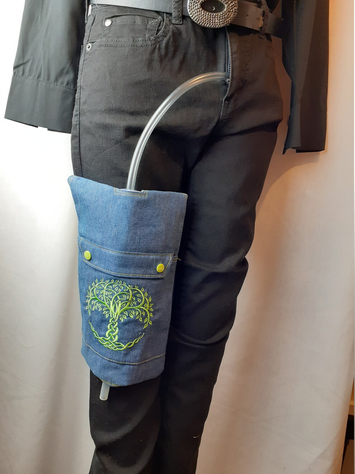 Embroidered catheter leg bag cover. Denim. Etsy