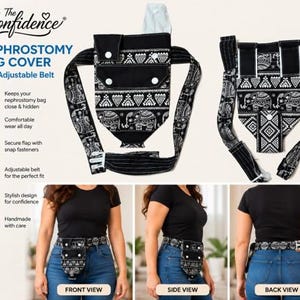 May include: A black and white nephrostomy bag cover featuring an elephant and geometric pattern. The cover includes an adjustable belt, a secure flap with white snap fasteners, and is shown in front, side, and back views on a person.