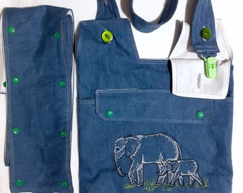 Embroidered denim catheter night bag cover with a pocket +variations