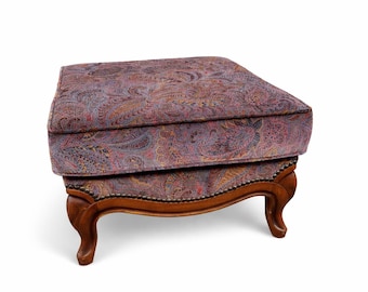 Large, imposing pouf/footrest/ottoman stool, antique Louis XVI style, 1980s French vintage footstool/upholstered