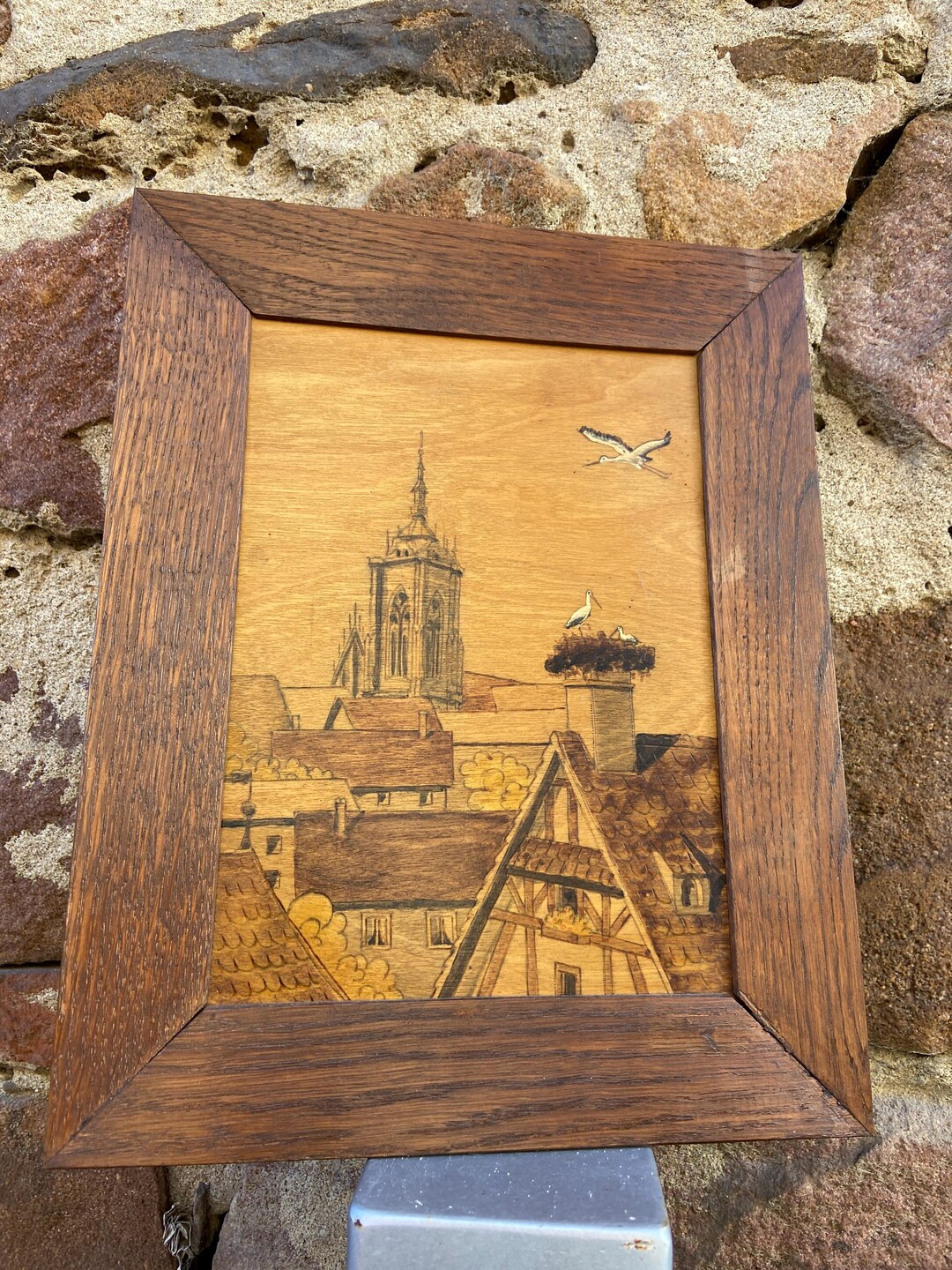 Vintage French Pyrography Wood PANEL Antique Marquetry Painting Alsace ...