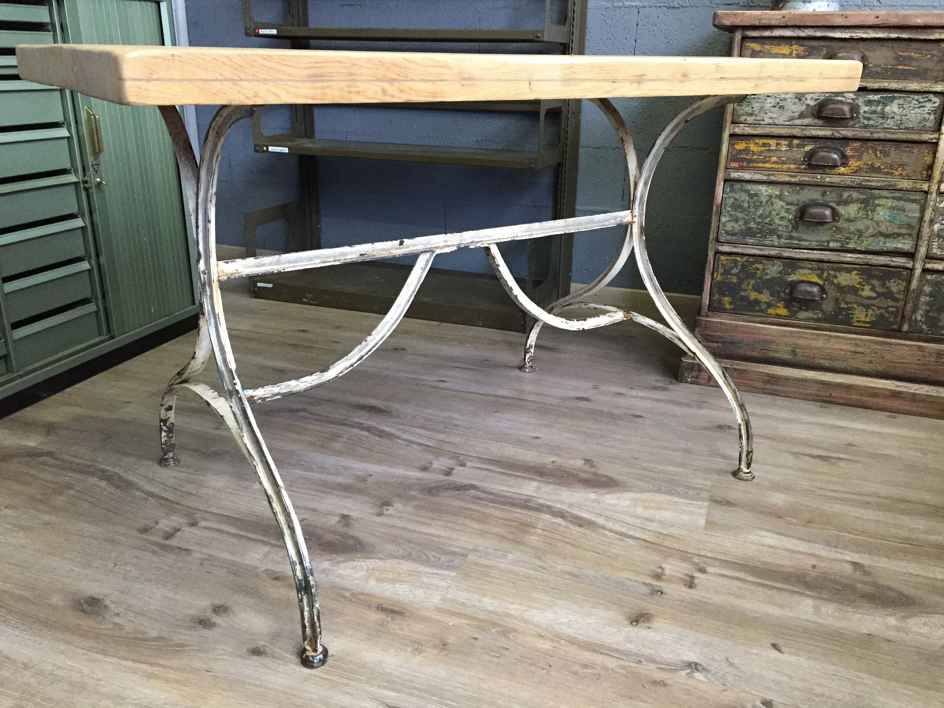 Table de Bistrot Vintage en Chêne & Métal Vintage Metal Oak Bistro Table, 1930S