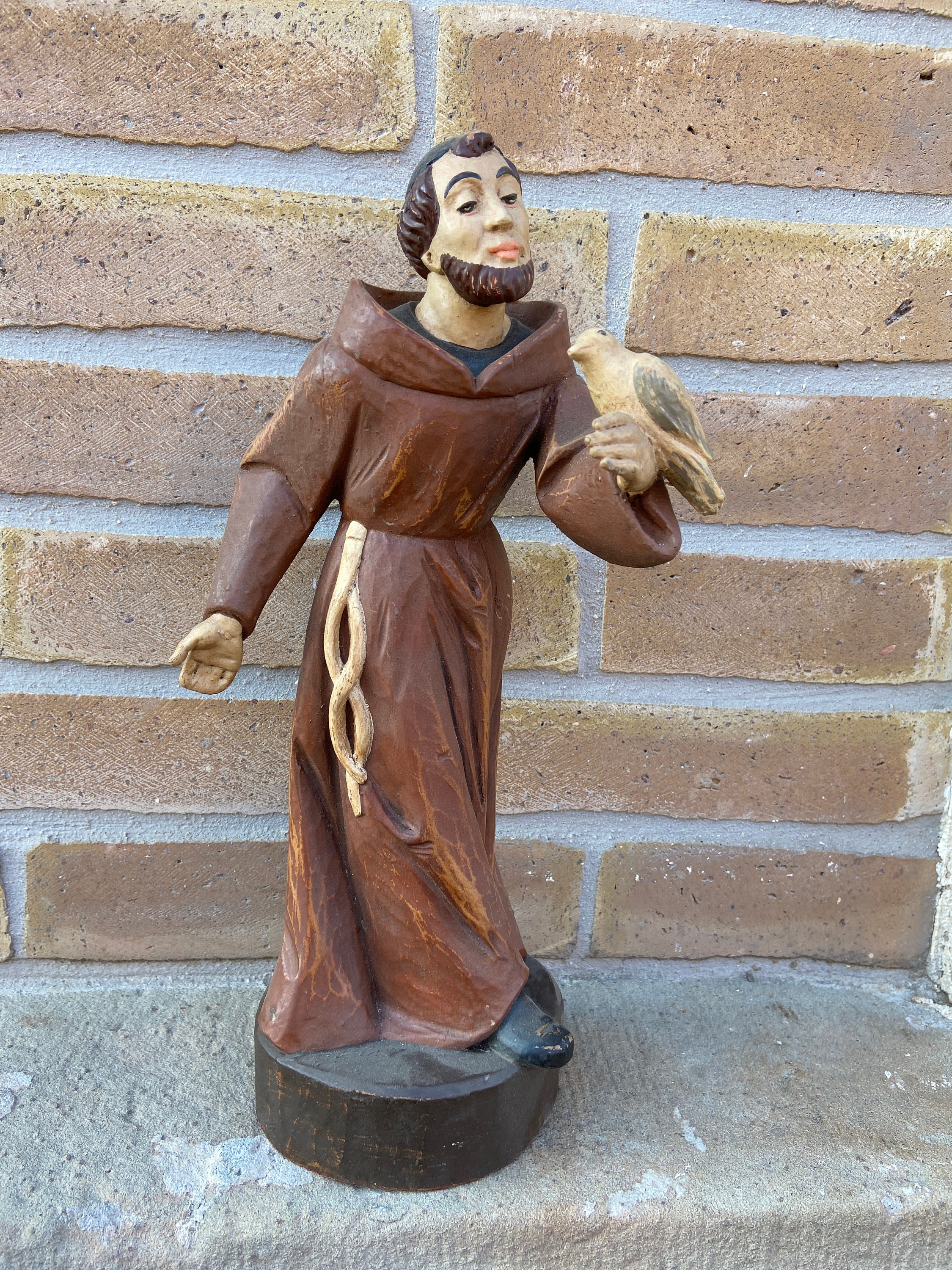 statue Polychrome Vintage Saint François d'assise avec Colombe