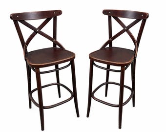 Paar Barhocker aus Holz im Baumann-Stil, Thonet, 1980er Jahre, Bugholz-Barhocker, Frankreich, französisches Café-Modell, Saint Remy