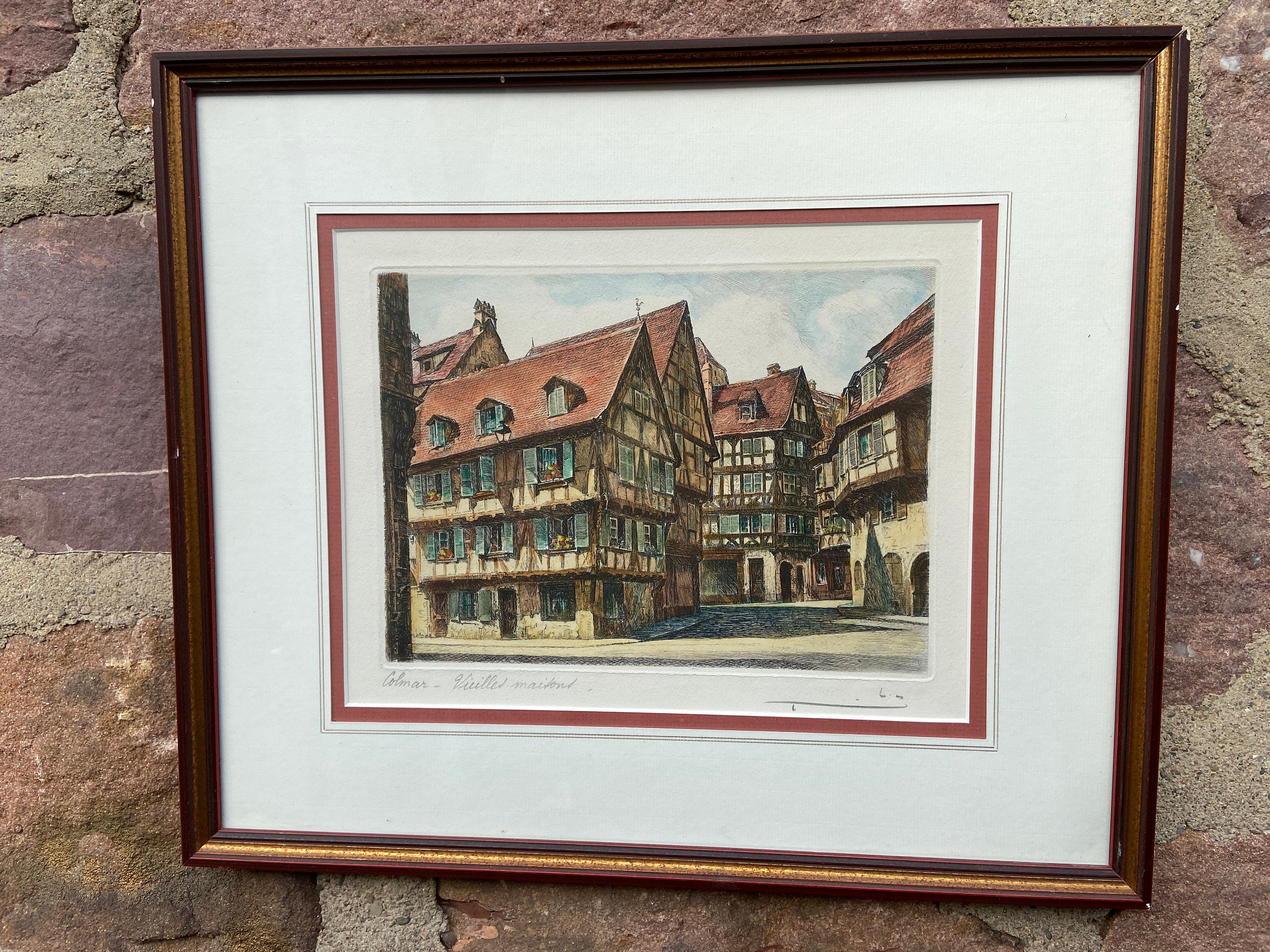 Lithographie Encadrée Gravure Estampe Colmar Rue Des Marchands Maison Pfister French Alsace