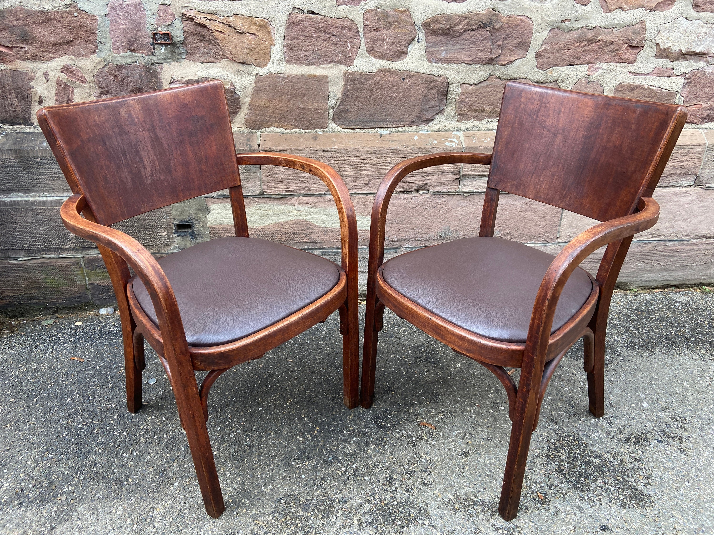 2 Fauteuils Chaises Bureau Salon Style Baumann Simili Cuir Vintage 1960S French Bistro Bentwood Armc