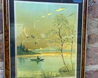 E. Stephens Lac de montagne & pêcheur Tableau Paysage aluminium "foil graphic"