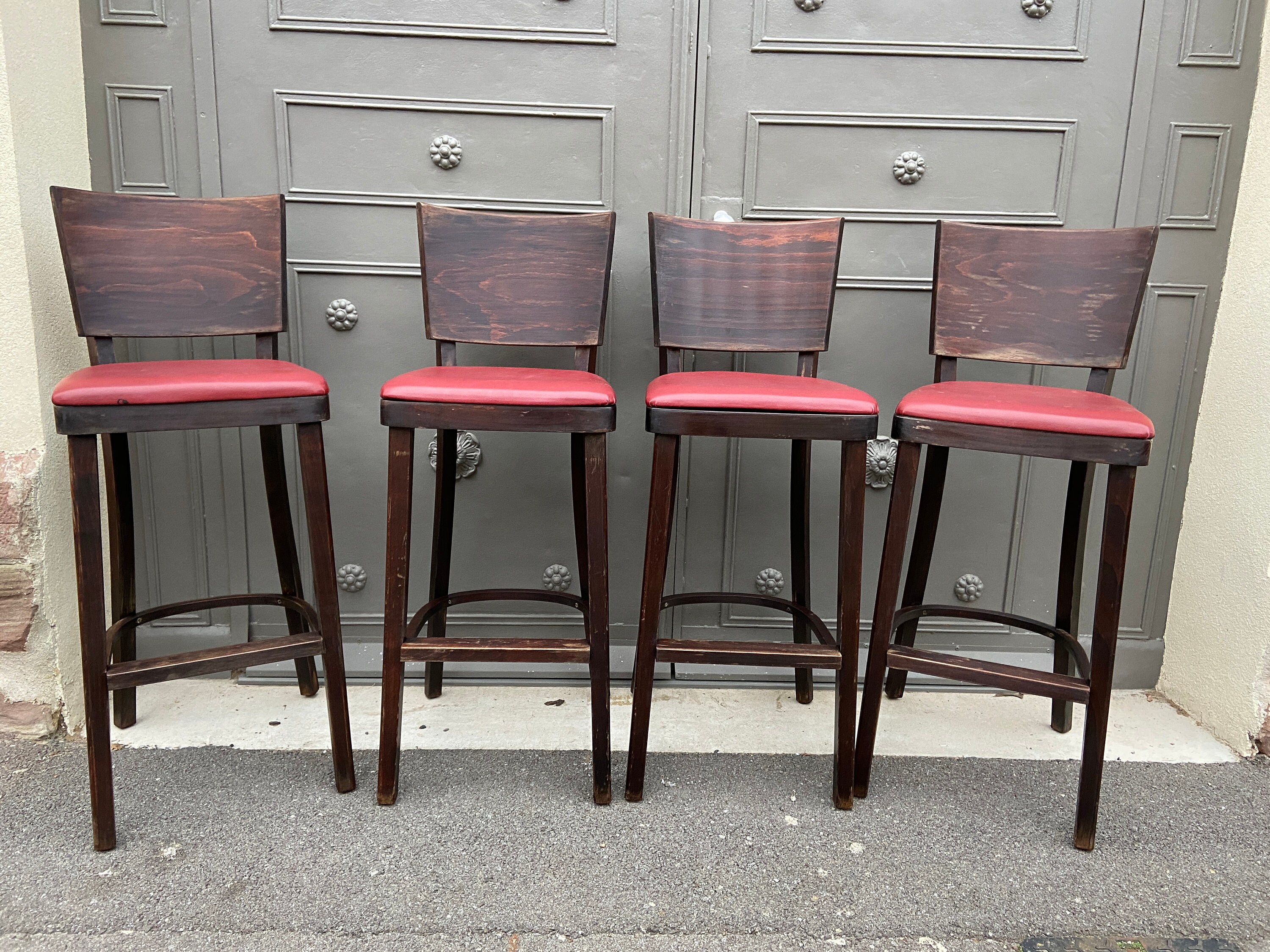 Set de 4 Tabourets Bar Bois Courbé Art Déco 1950-1960 Bentwood Stool Thonet