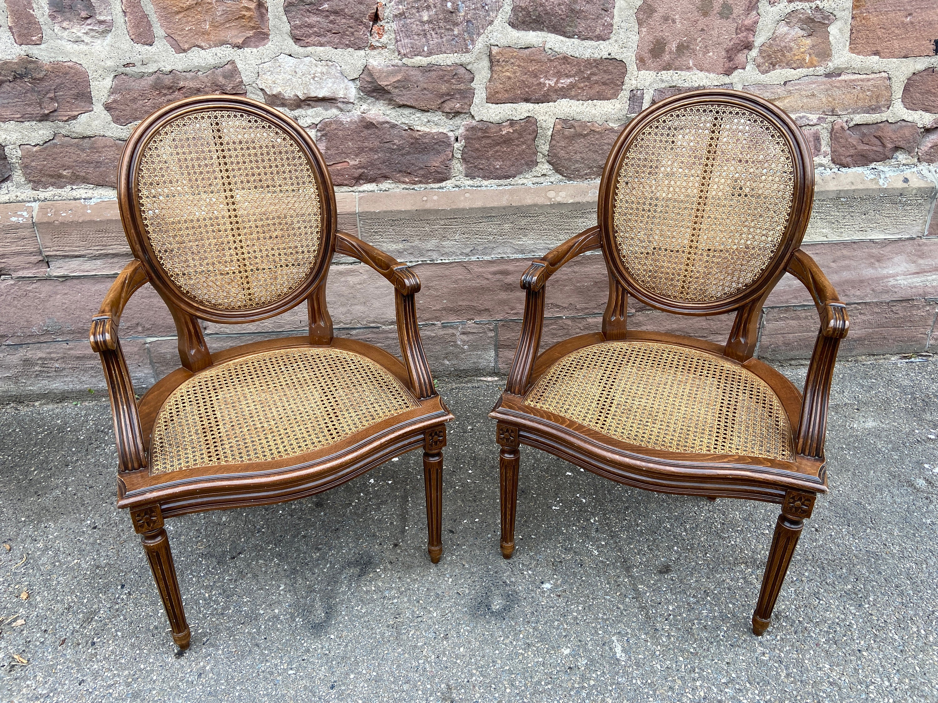 Antique Dining Chairs Louis XVI French Walnut Wood Cane Rattan 1900