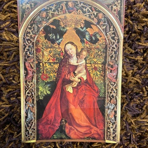 Cartel de arte vintage Madonna Of The Rose Bower, Martin Schongauer Colmar Alsacia Francia Virgen con rosal Iglesia dominicana