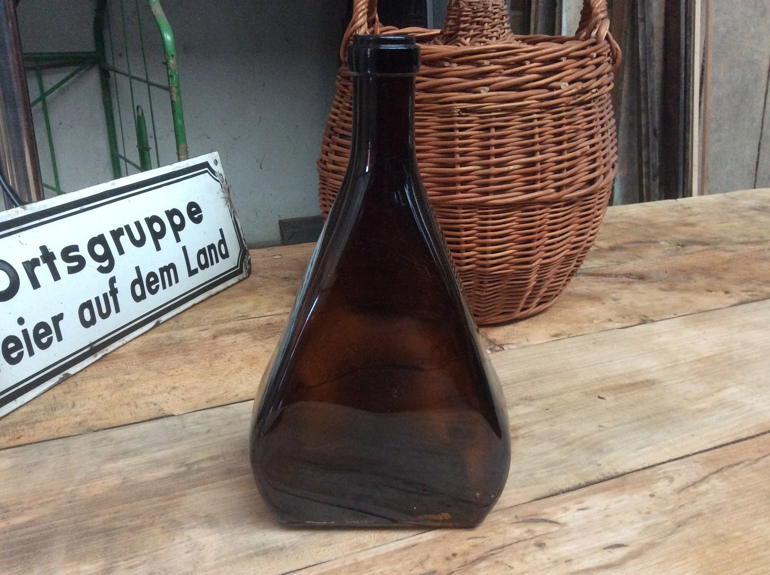 Unusual C-1900 Amber Brown Glass French Demijohn Bottle Carboy Onion Bottle