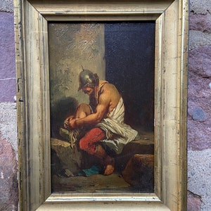 Dipinto ad olio su tavola Antico Soldato Lanciere Gladiatore Romano Greco del XIX secolo