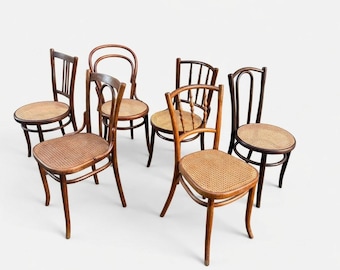 Zestaw 6 niepasujących do siebie krzeseł bistro Thonet Fischel, gięte, w stylu francuskiej brasserie, krzesło Baumann, około 1900 r.