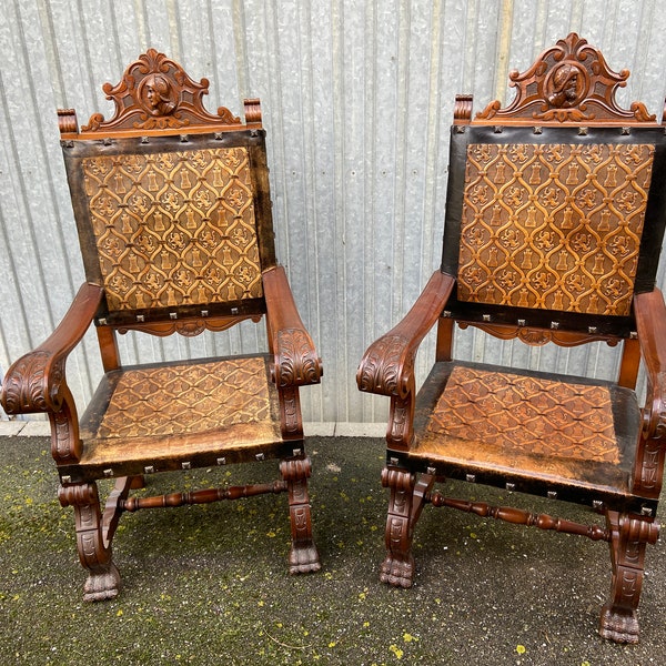 Pair of Throne Armchairs Spanish Renaissance style French spanish armchair leather from Cordoba 1960s