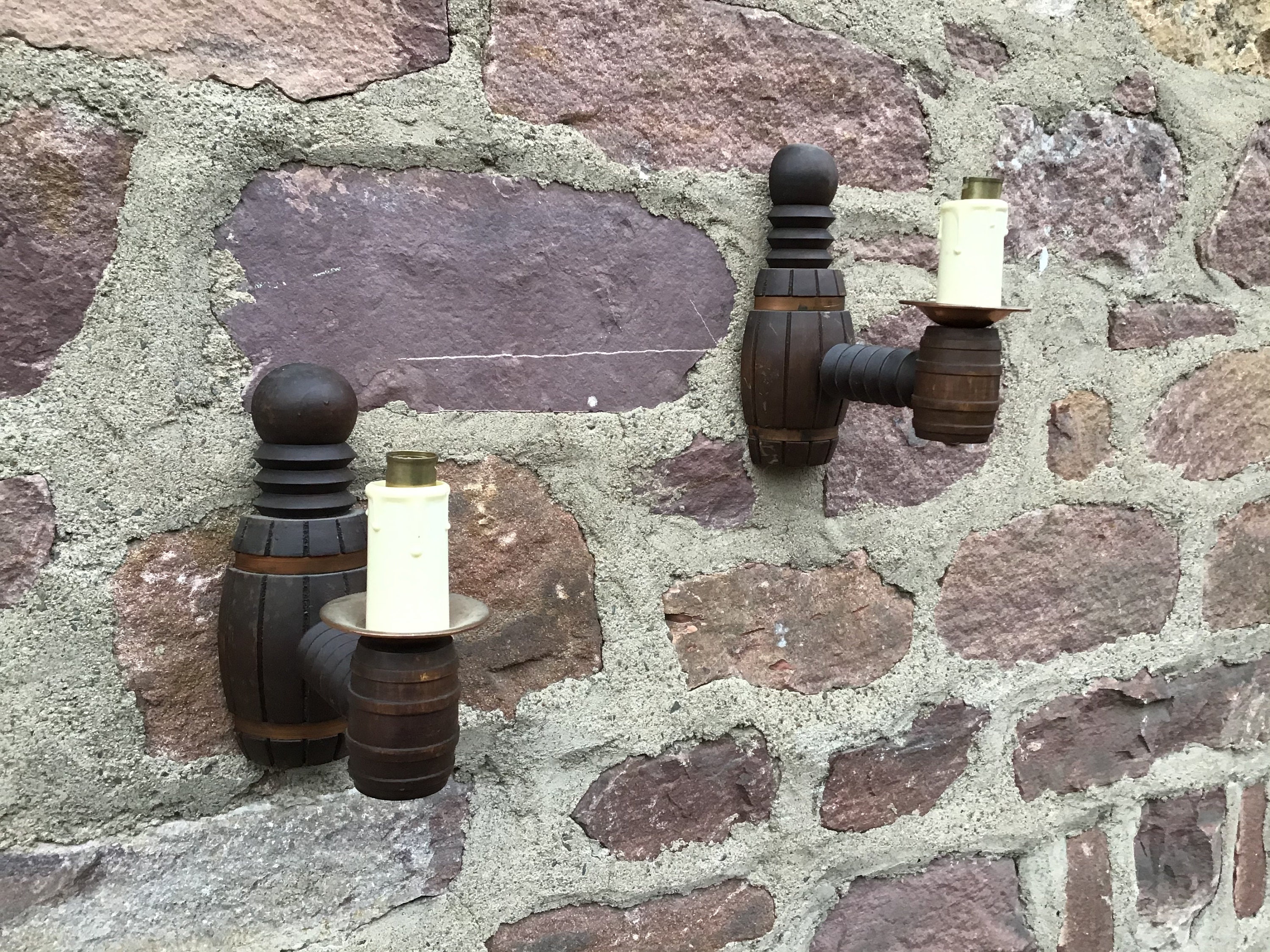 Paire d'applique Bois Vintage 1950 Farmer Spanish French Vineyard Barrel Form Sconces