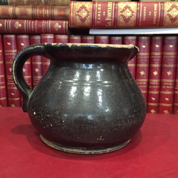 ANTIQUE French Pottery black milk pitcher Alsace France 1870 Art populaire poterie