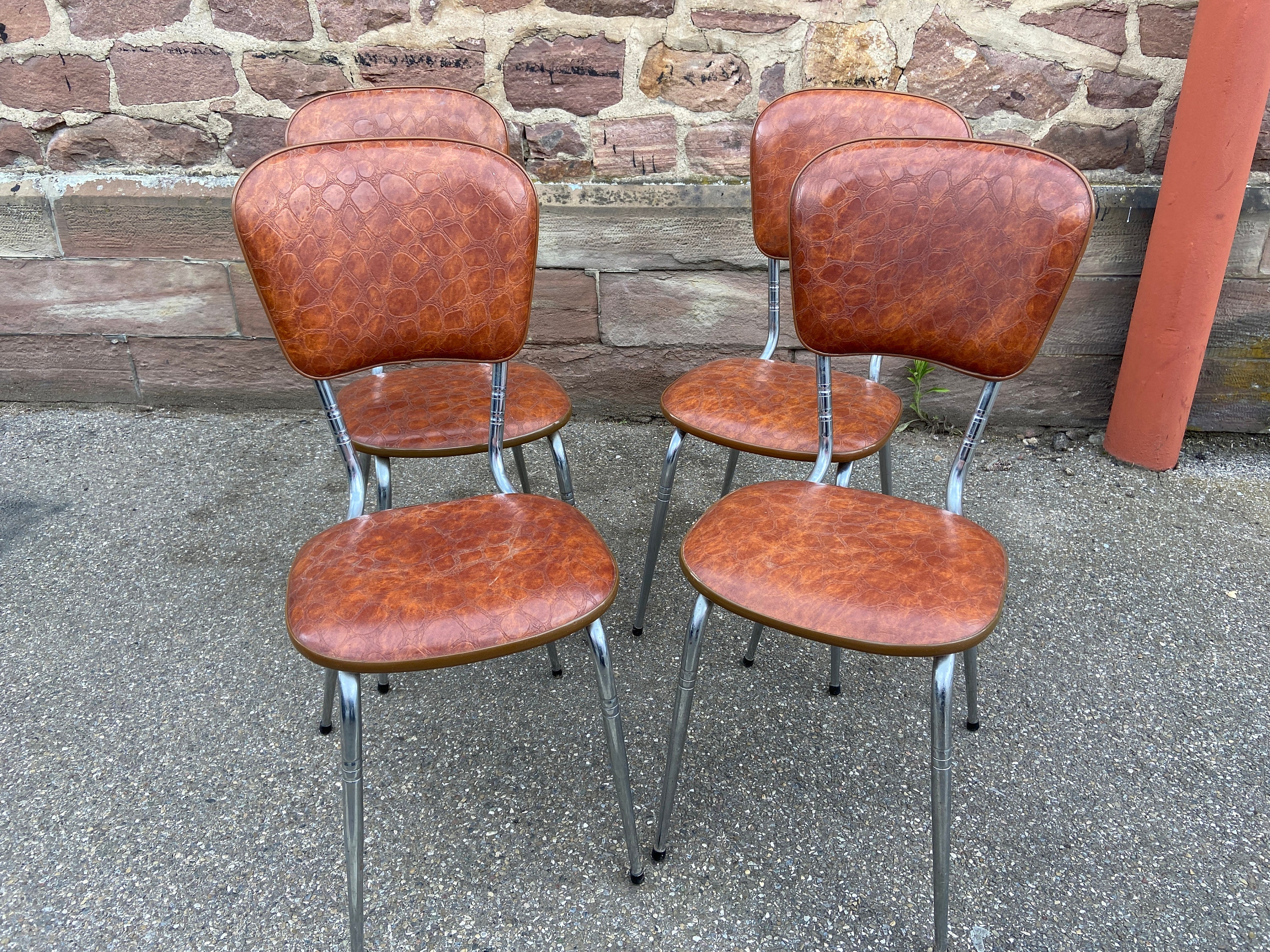 4 Chaises Vintage 1960 Mid-Century Simili Cuir Skaï Chrome Formica