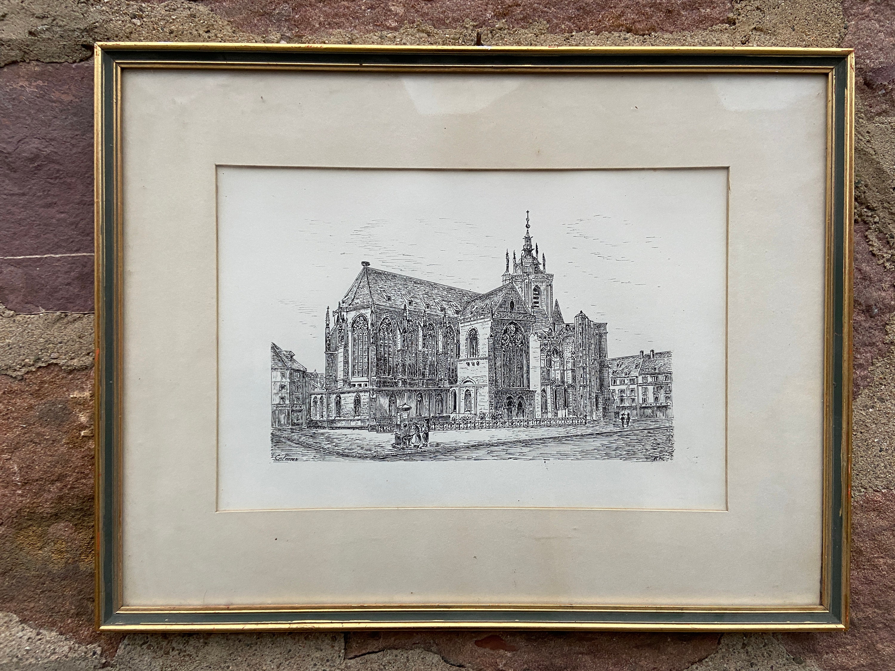 Lithographie Encadrée Gravure Xixe Estampe Cathédrale de Colmar Collégiale Saint-Martin French Alsac