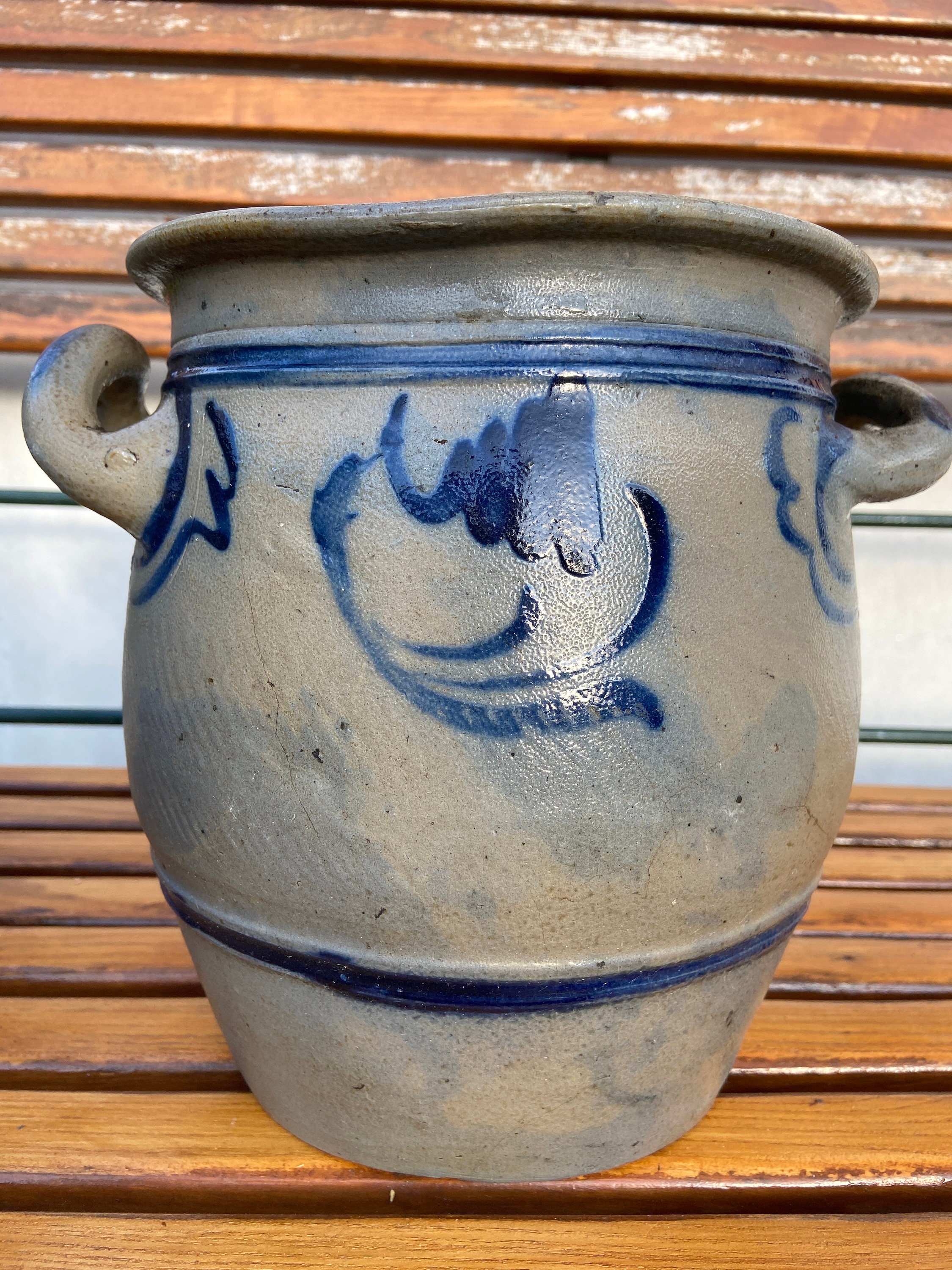 Antique 4 Liters French Betschdorf Alsace Salt Blue Stoneware Confit Pot Size Farmhouse Jar - Antiqu
