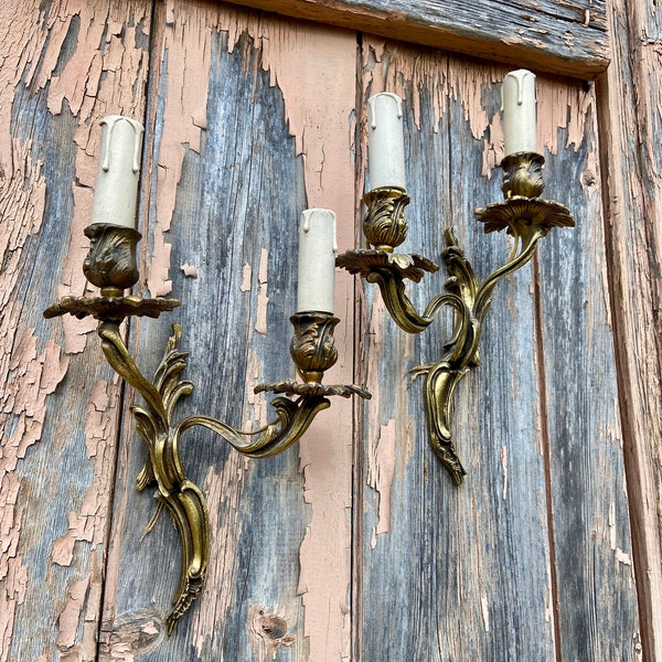 spectacular Pair of gilded bronze wall lights 60s Louis XV French Rococo sconces