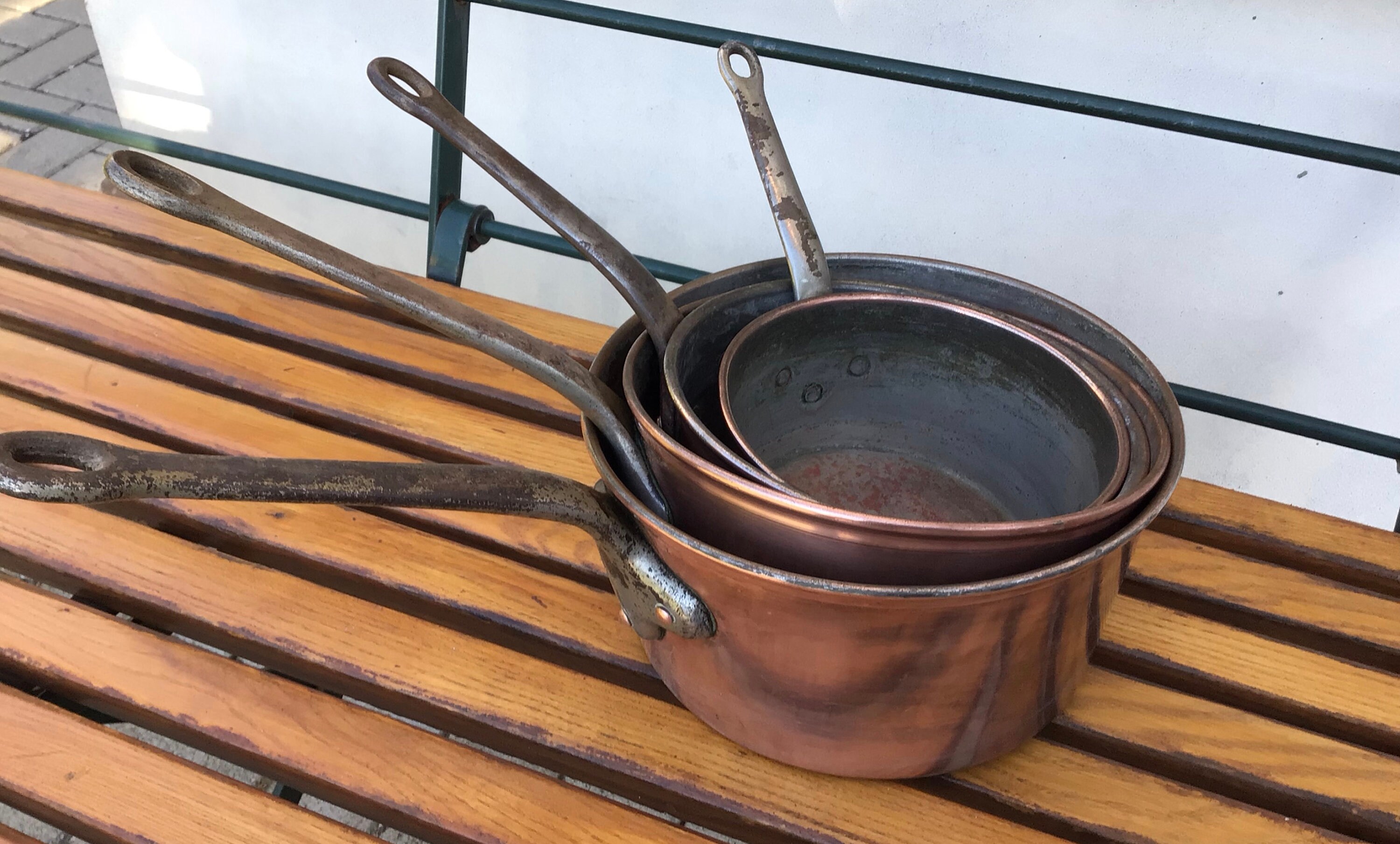 Vintage French 4 Cuisine 1900S Copper Kitchen Sauce Pans Tin Lined