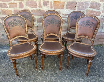 Set of 6 French chairs Louis XVI style vintage 1920 rococo Provence Oak & leather