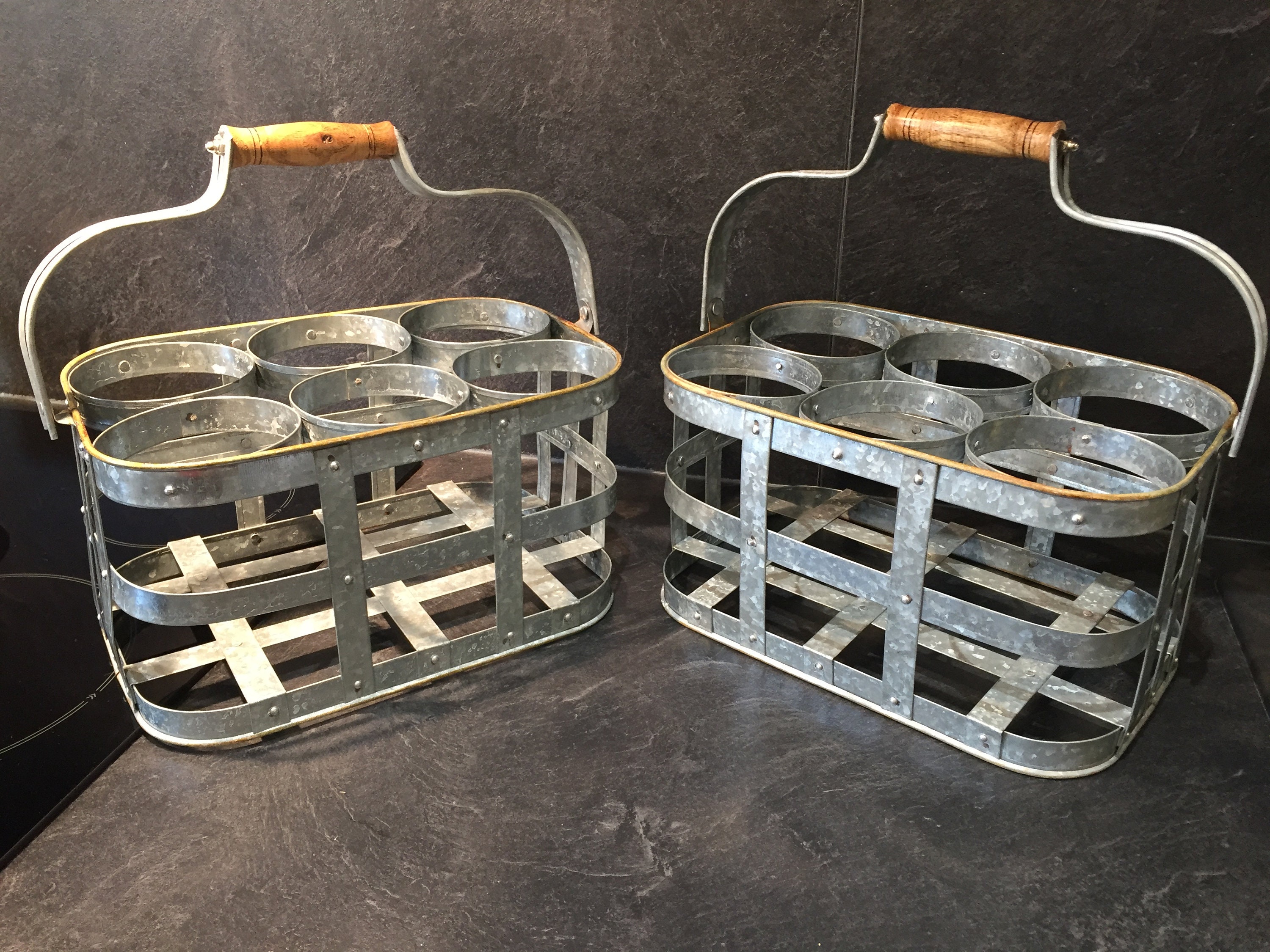 French Zinc Bottle Carrier - Galvanized Metal Caddy Porte Bouteilles Zinc