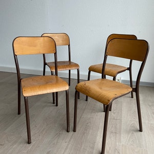 Ref 4314 set of 4 industrial school chairs vintage communities Mullca DELAGRAVE 1960s french school chairs