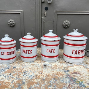 Authentique pots à épices en métal émaillé french enamelware brocante 1930s