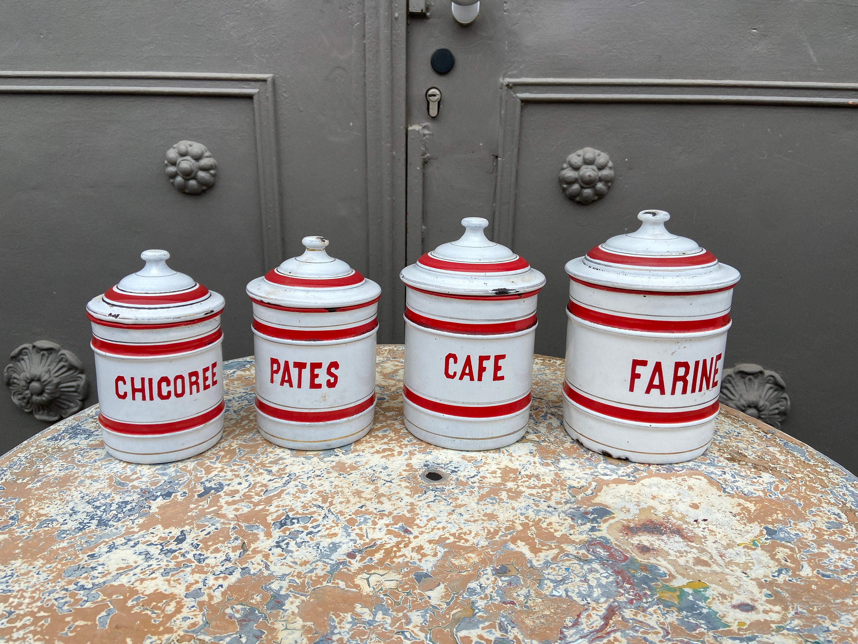 Authentique Pots à Épices en Métal Émaillé French Enamelware Brocante 1930S