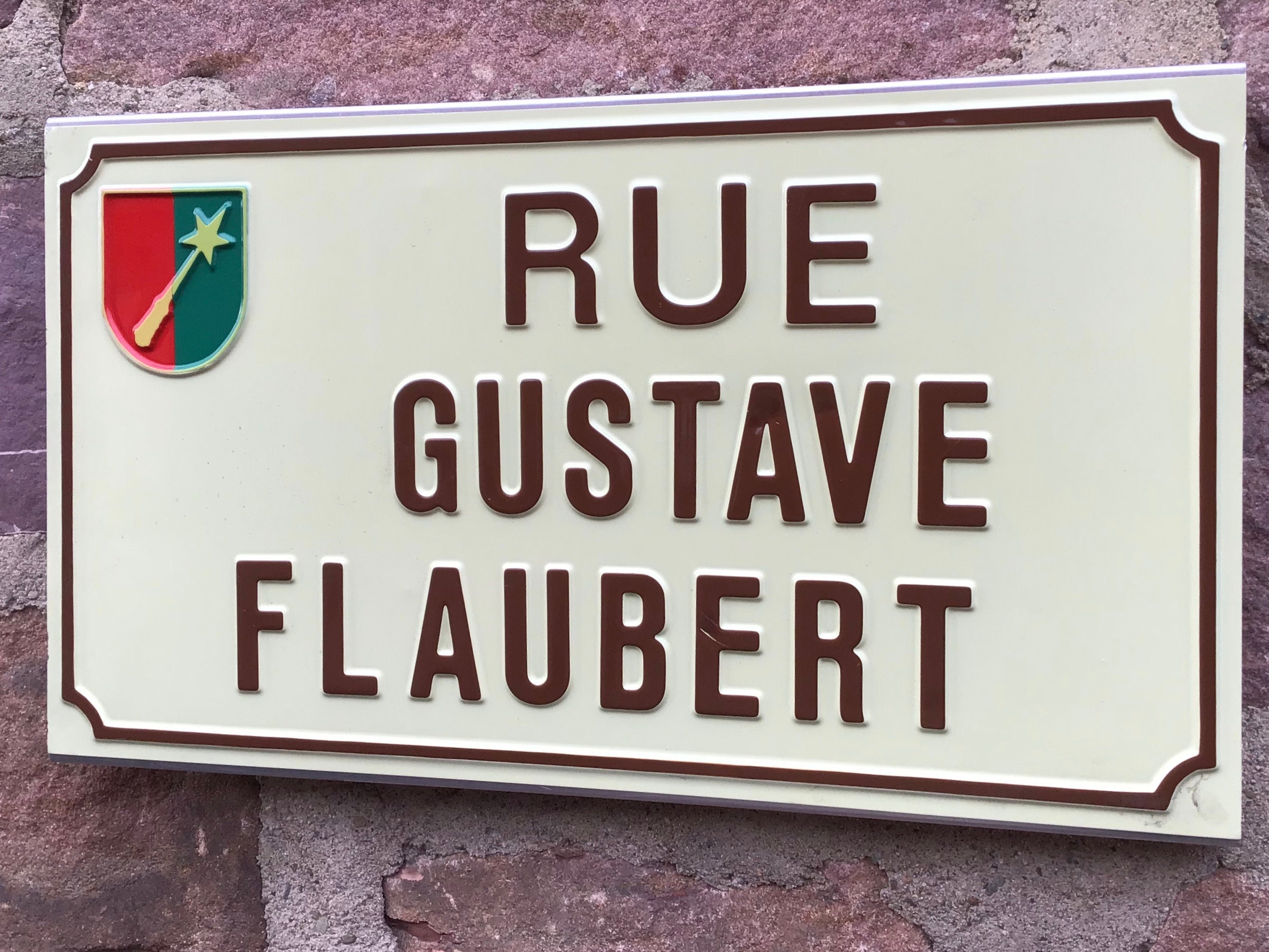 French Metal Street Sign Rue Flaubert Vintage 80S Enameled Plaque de Rue Alsace Colmar