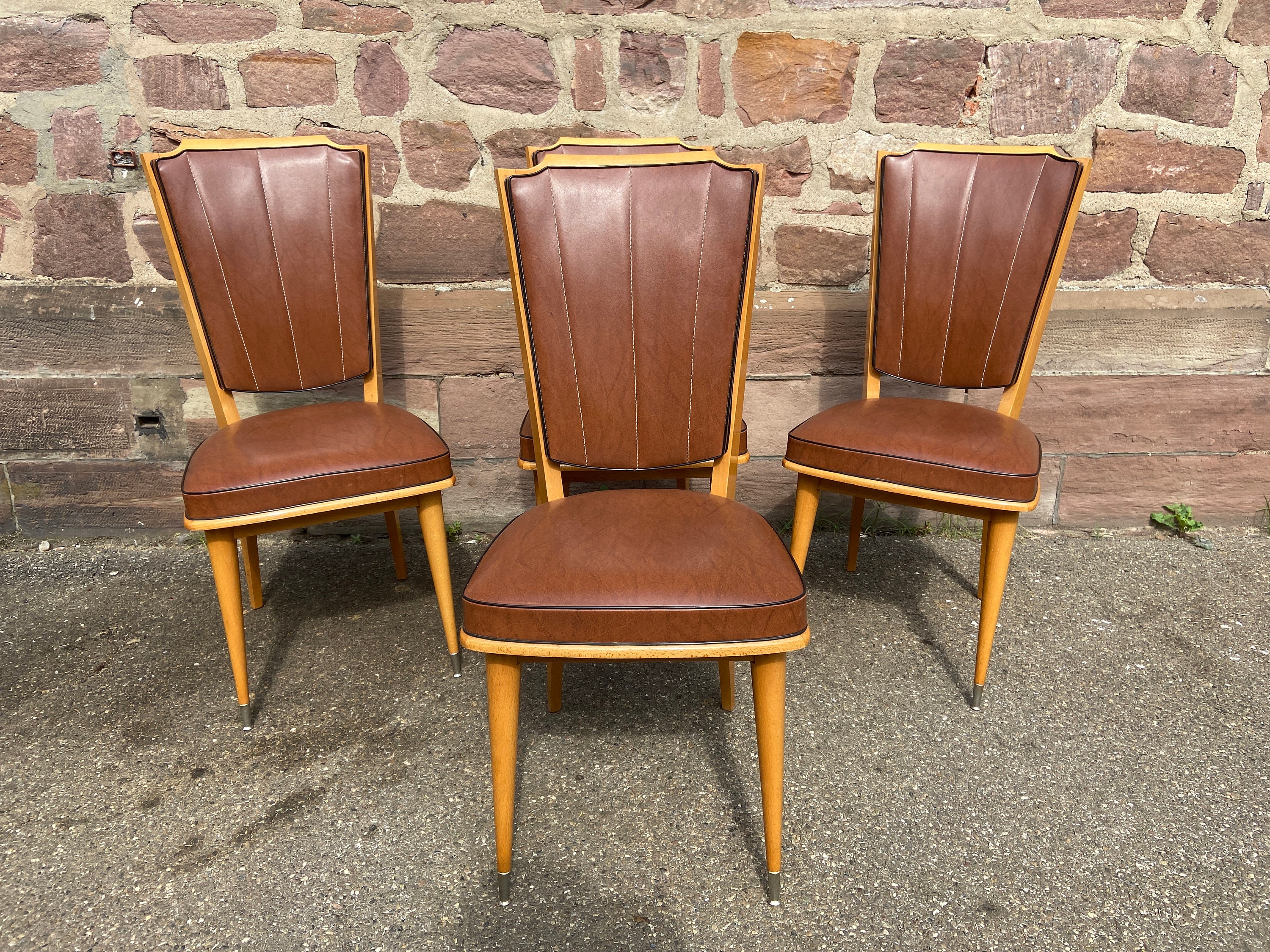 4 Chaises Vintage 1950 Mid-Century Scandinave Pieds Compas Simili Cuir Skaï
