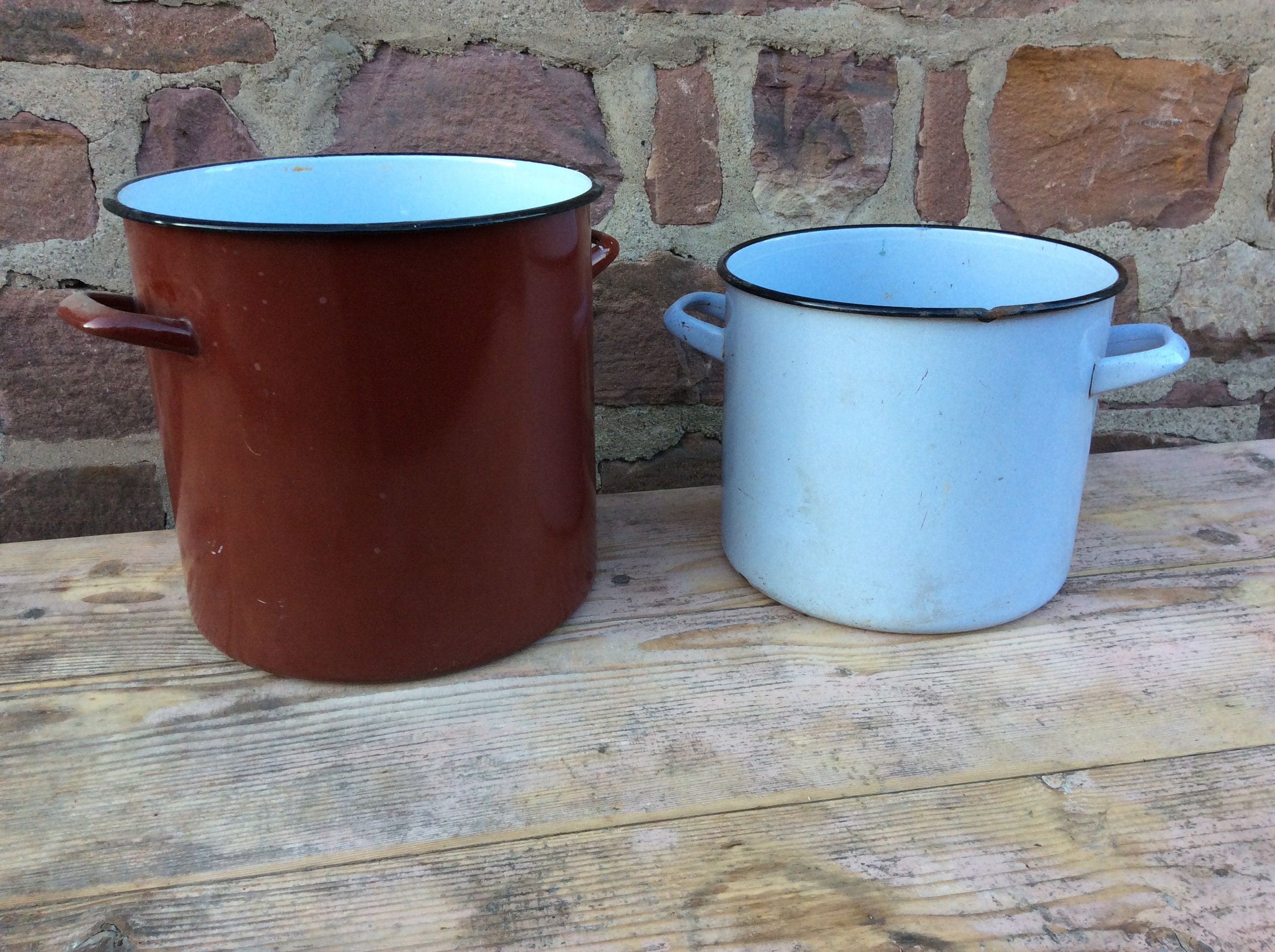 Set Of 2 French Enamelware Pot Planter Émaillé Marmites Tôle Émaillée