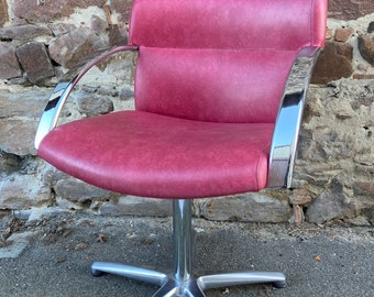 Swivel office armchair Barber Hairdresser type design vintage 1980-90 pink imitation leather