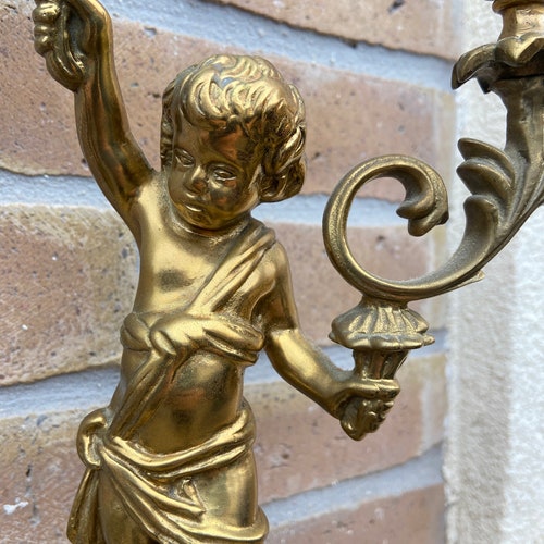 Pair of candlesticks Angels Torches shops antique French bronze candelabra Brass