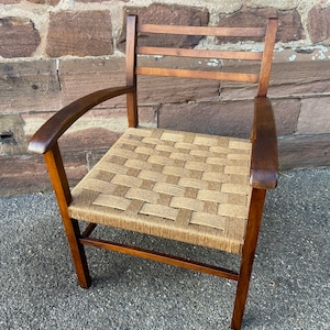 Bridge-Sessel Design Audoux Minet aus Buche und geflochtenem Seil, französischer Stil der 1960er Jahre AUDOUX & MINET