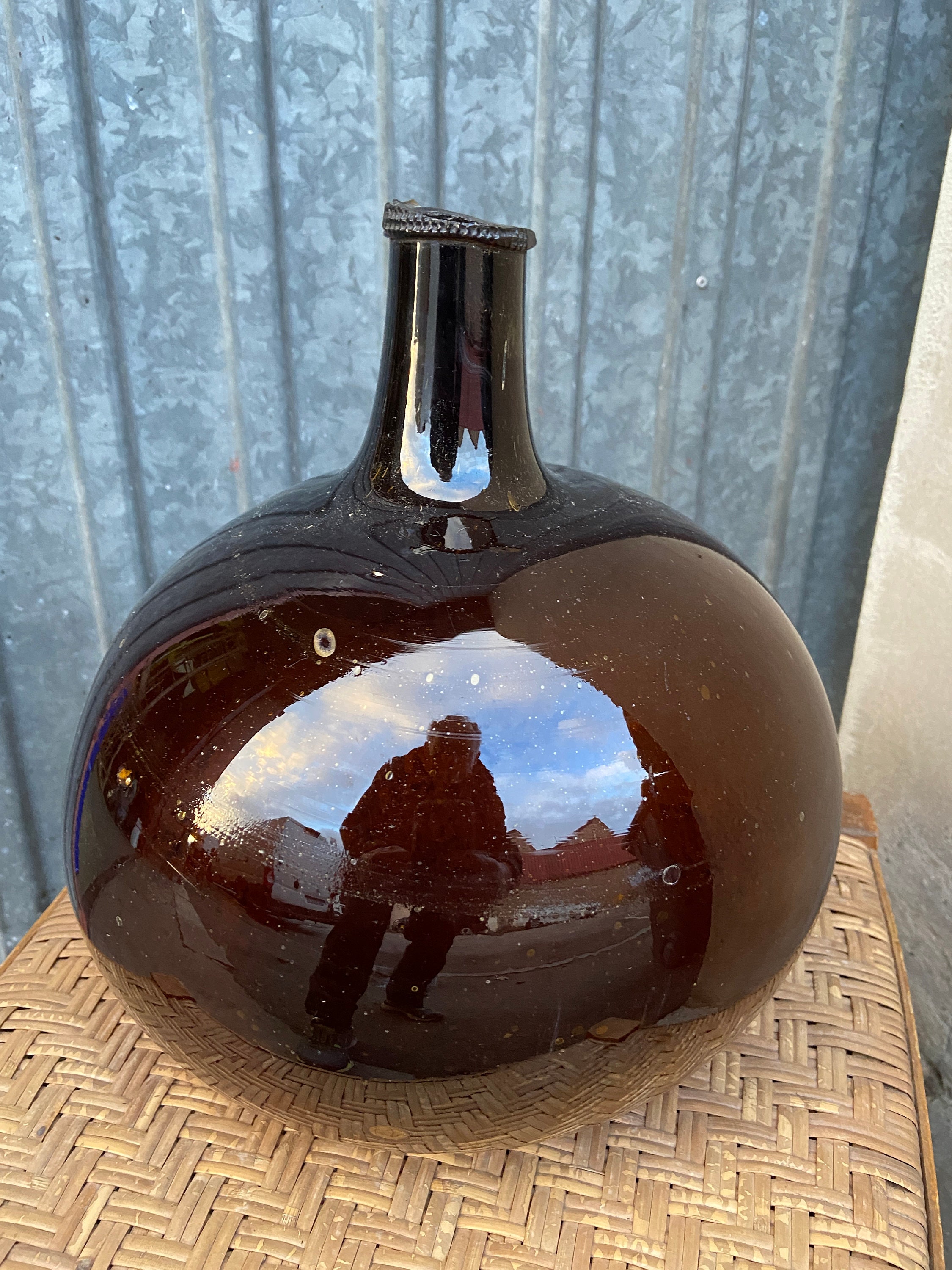 Ref 48 Handblown C-1800 Alsace Brown Amber Glass French Xl Demijohn Bottle Carboy Bombonne Brune