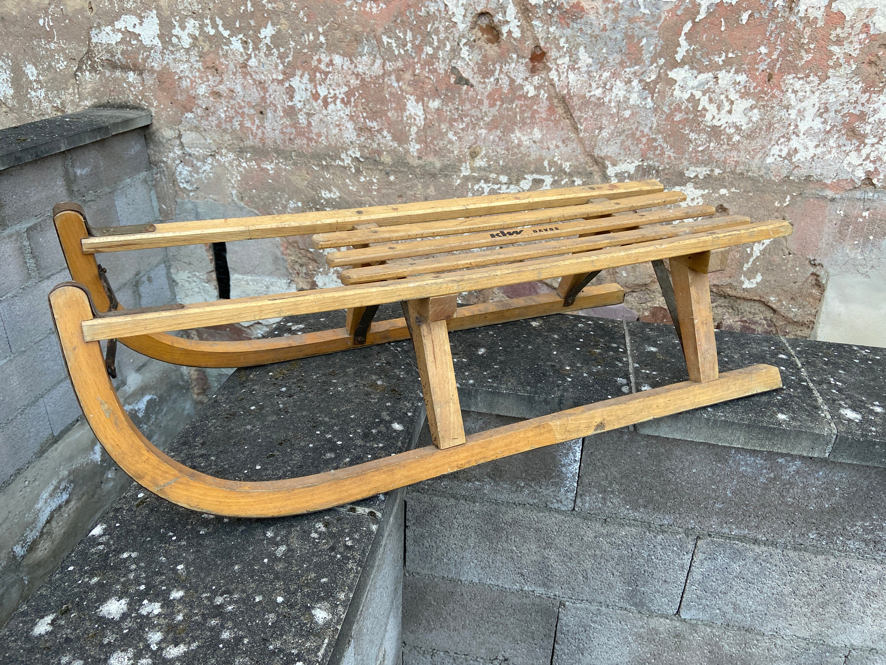 Ref 276 French Vintage Old Wood Sled Luge Traineau Ancien Alsace Décoration Noel Davos