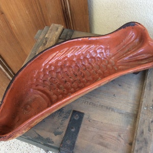 Antique French Pottery Redware cake fish mold Alsace France 1880s