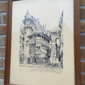 Lithographie encadrée Gravure XIXe Estampe gravée sur cuivre Charles Pinel Colmar rue des marchands maison Pfister french Alsace