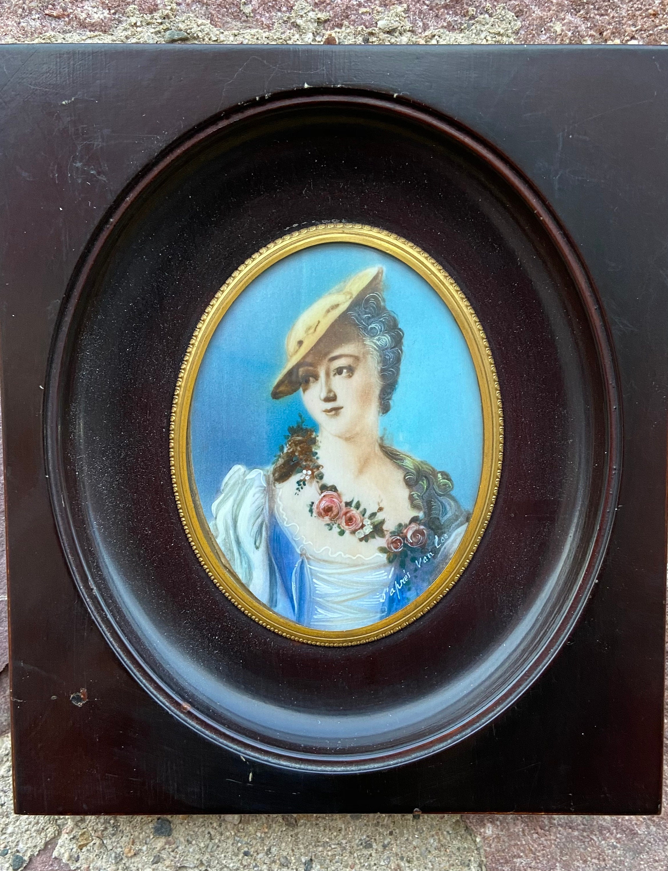Tableau Miniature French Paint d'après Van Loo Portrait La Marquise de Pompadour