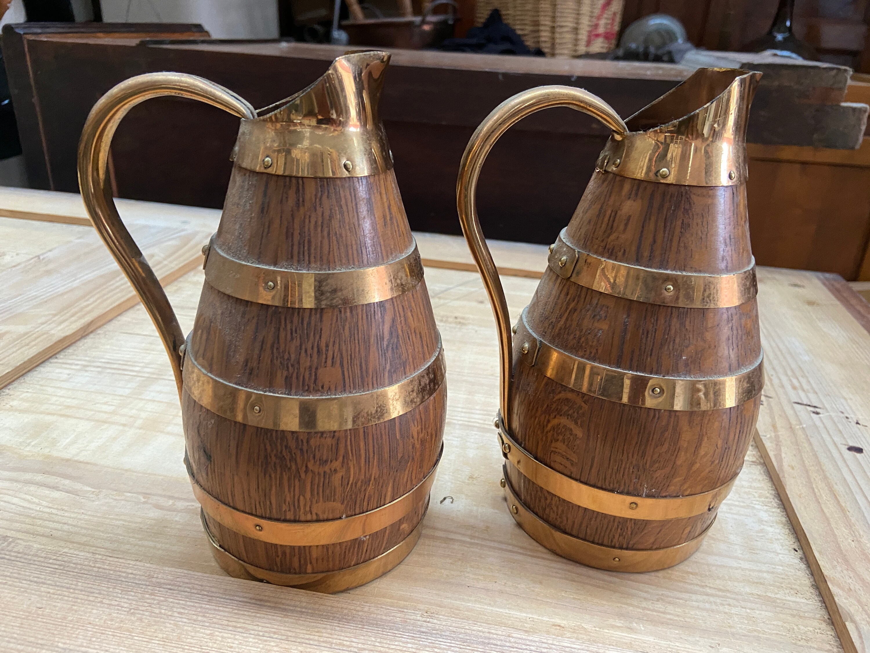 Authentic Pair Of Vintage French Oak Wood Wine Pitcher Alsace Region Barrel Stetz Oenologie