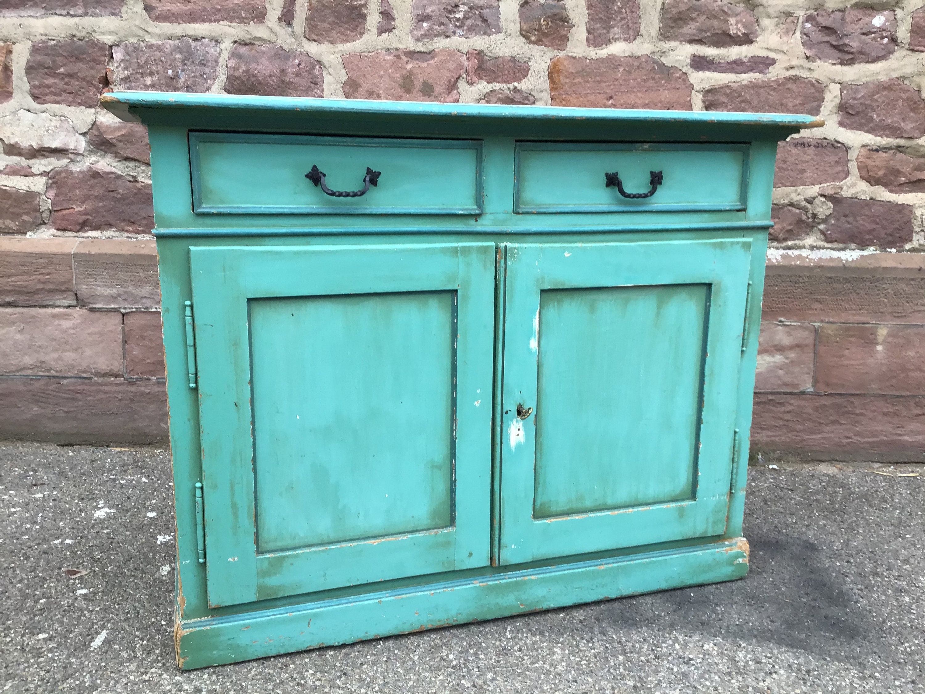 Vintage French Cottage Sideboard Fir 1920S Pine Blue Turquoise Paint Buffet Sapin Ancien Campagnard 