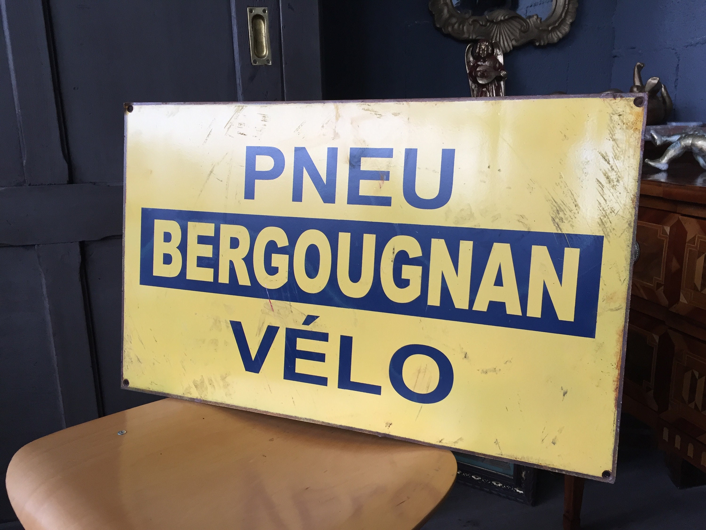 Plaque Pub Metal Vintage Pneu Vélo Bergougnan Fer Non Emaillée Ad Sign Bike French