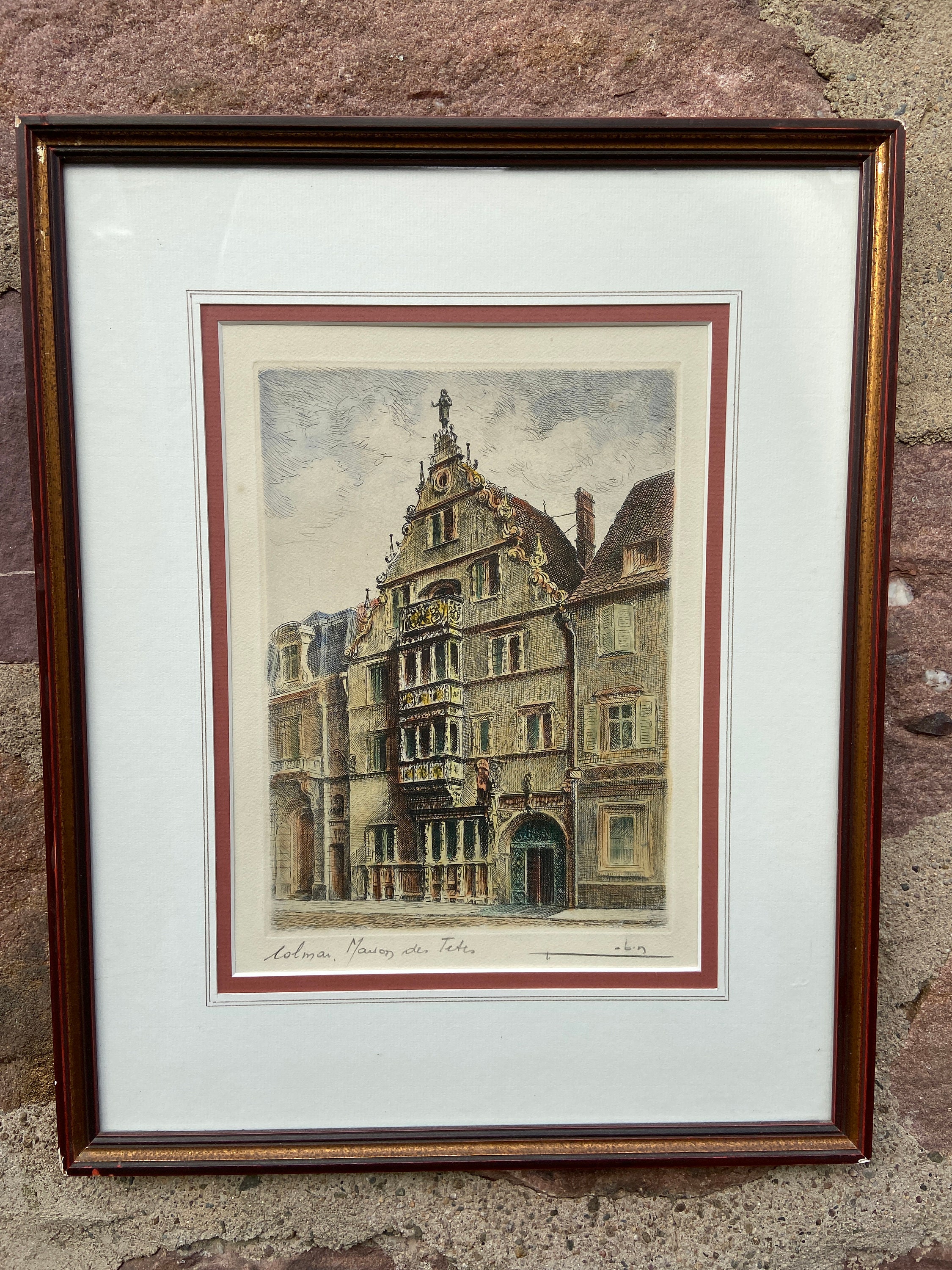 Lithographie Encadrée Gravure Estampe Colmar Rue Des Marchands Maison Pfister French Alsace