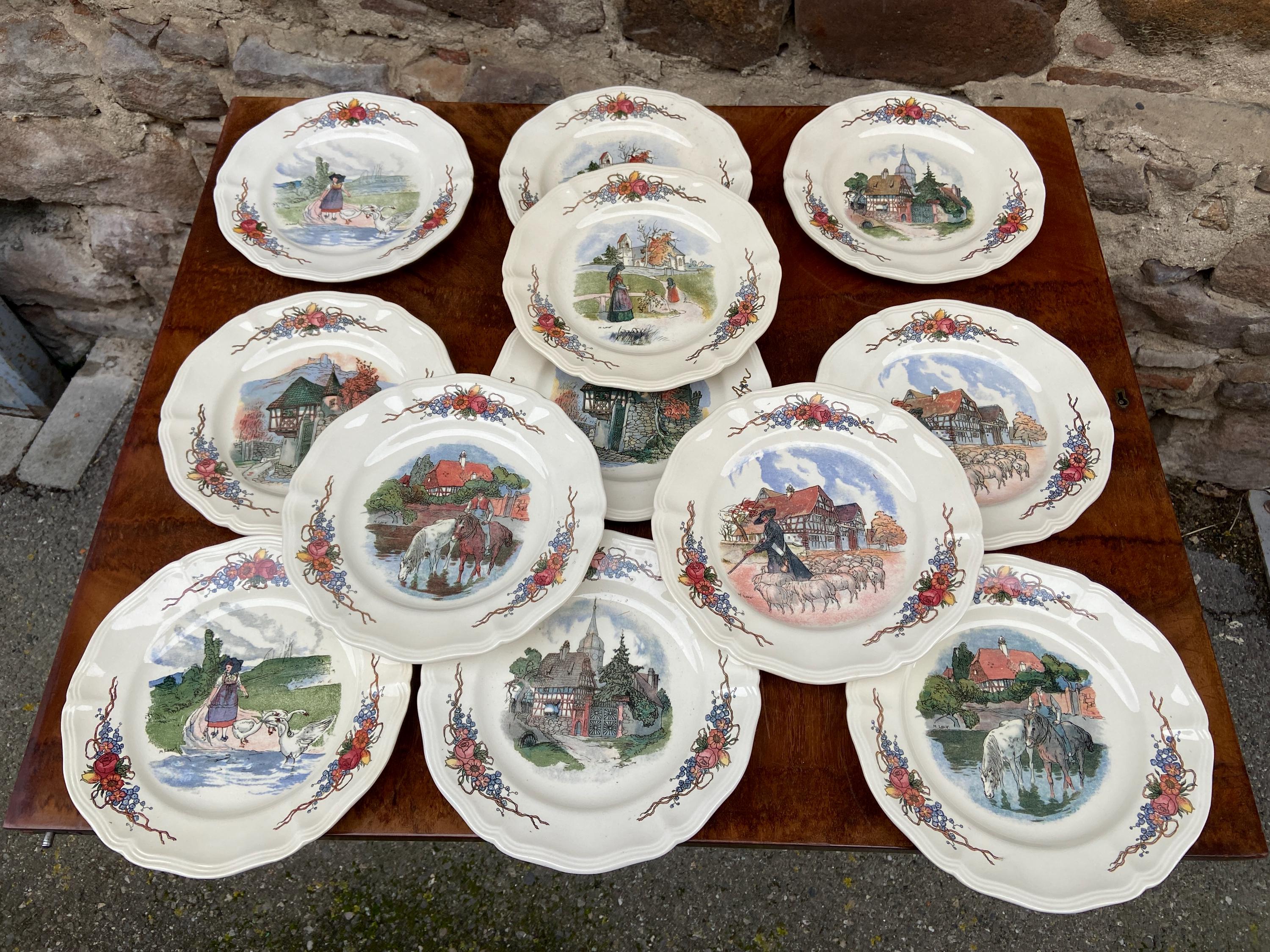 Set of 12 Obernai Sarreguemines Loux Dessert Plates, Alsatian