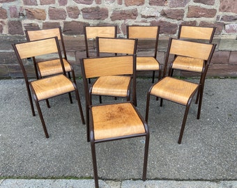 ref 873 Set of 8 vintage industrial school chairs for communities MULLCA DELAGRAVE tube & wood French School chairs 60s