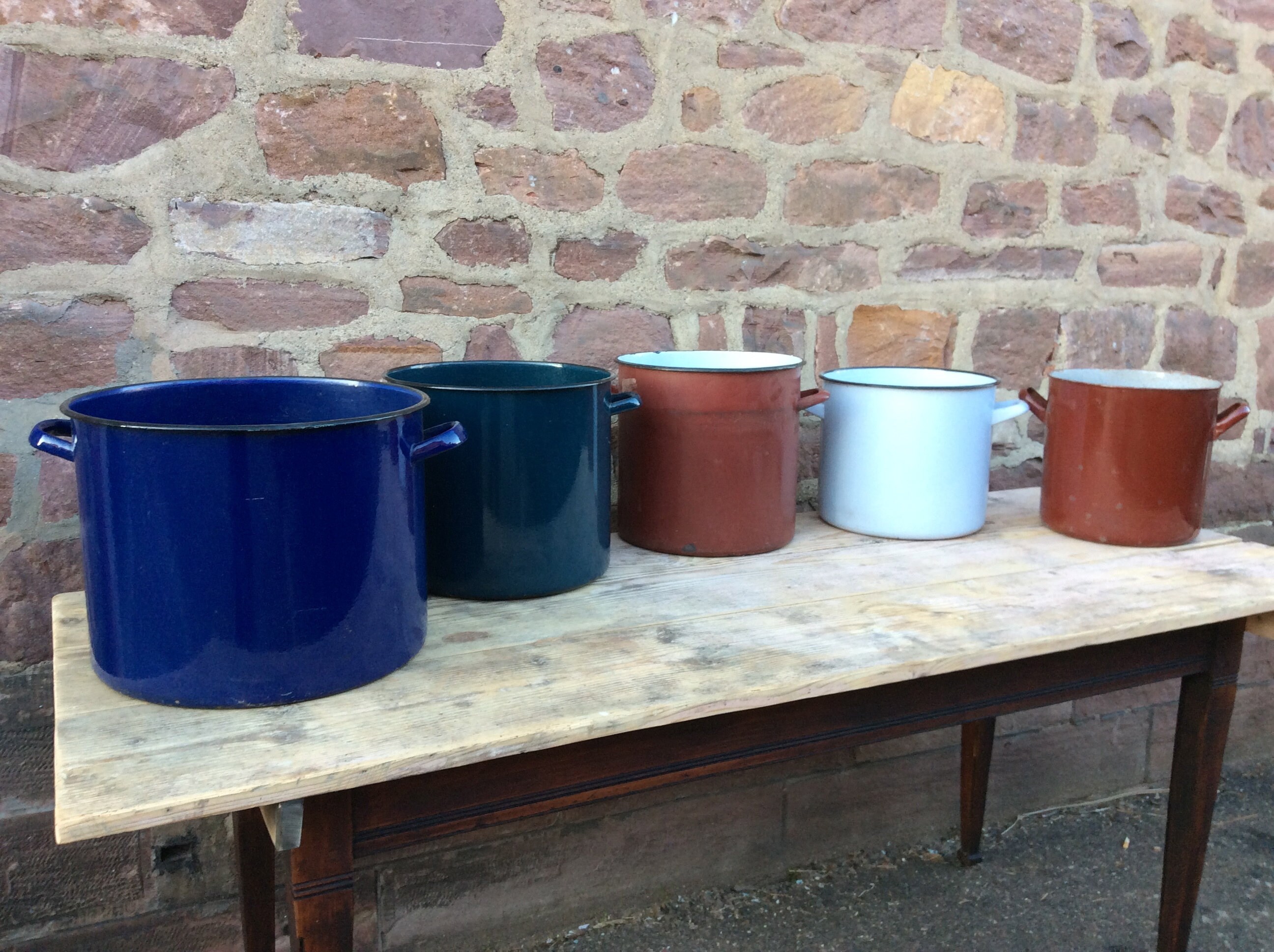 Set Of 5 French Enamelware Pot Planter Émaillé Marmites Tôle Émaillée